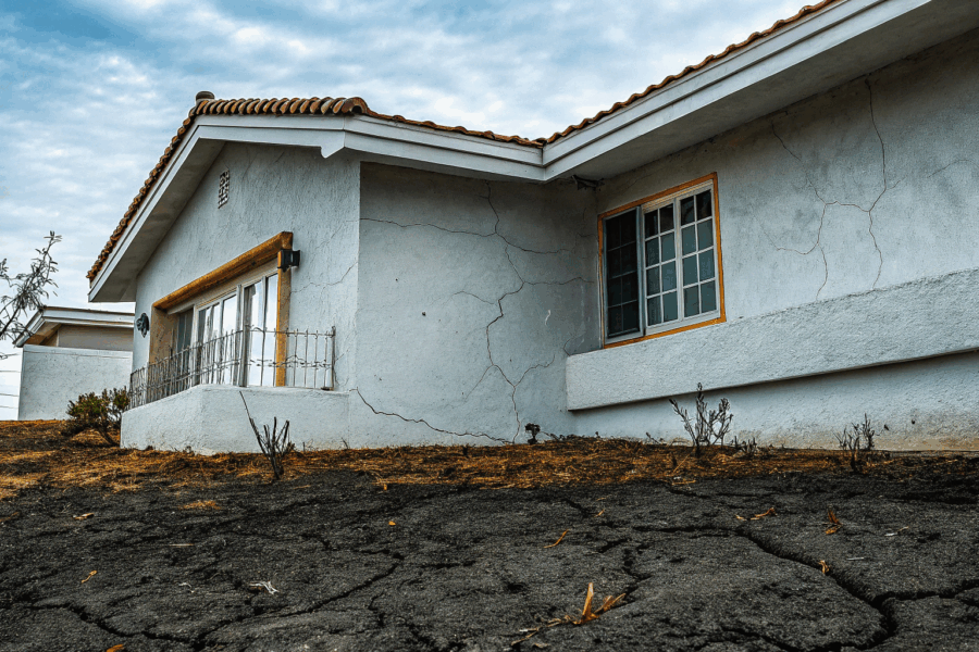 A two-story house with visible foundation cracks and a broken driveway due to hillside soil creep, with a leaning fence and dry slope in the background.