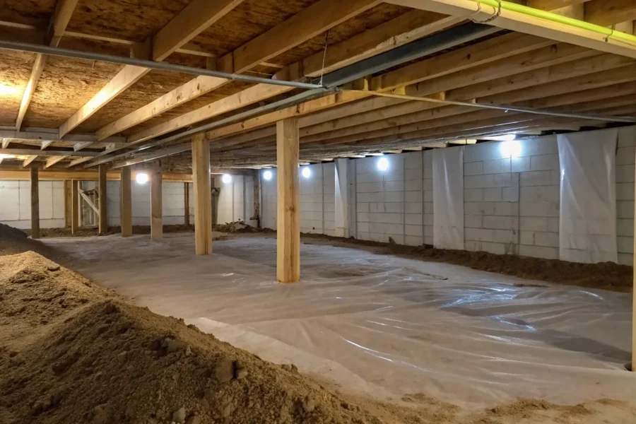 Well-designed crawl space construction with vapor barrier.