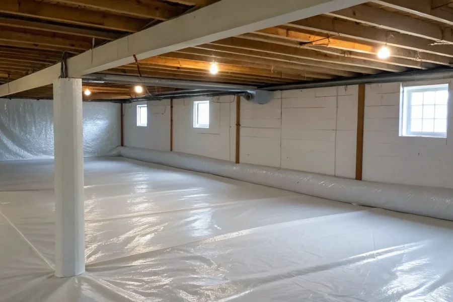 Clean crawl space with vapor barrier and insulation.