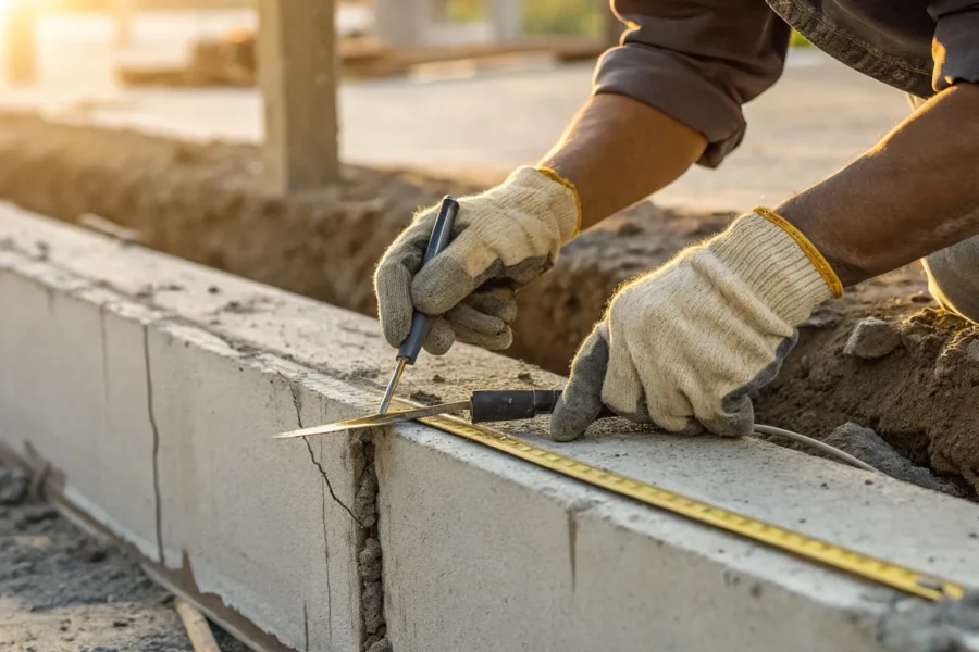 Foundation repair worker taking measurements in Los Angeles.
