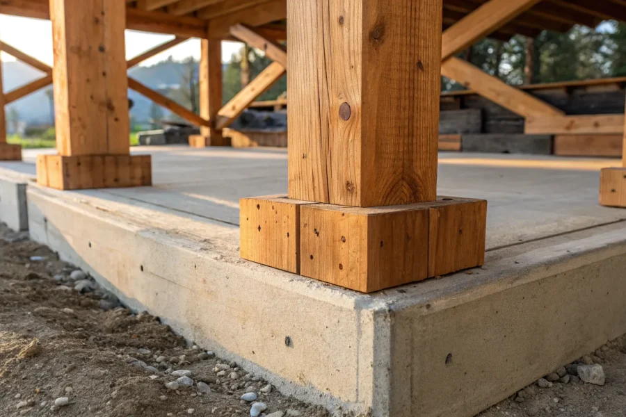 Post and beam foundation on concrete footings.