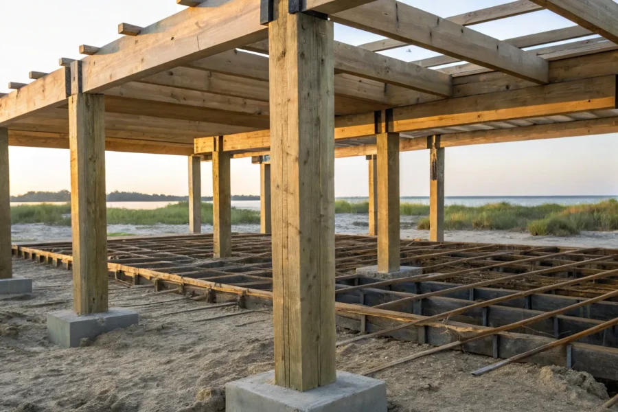 Post and pier foundation construction with wooden posts, piers, beams, and joists.