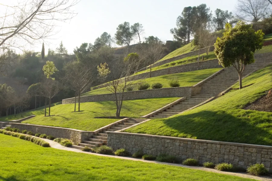 Los Angeles hillside retaining wall stabilizing a terraced slope.