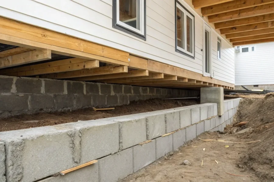 Rim joist in a house foundation.