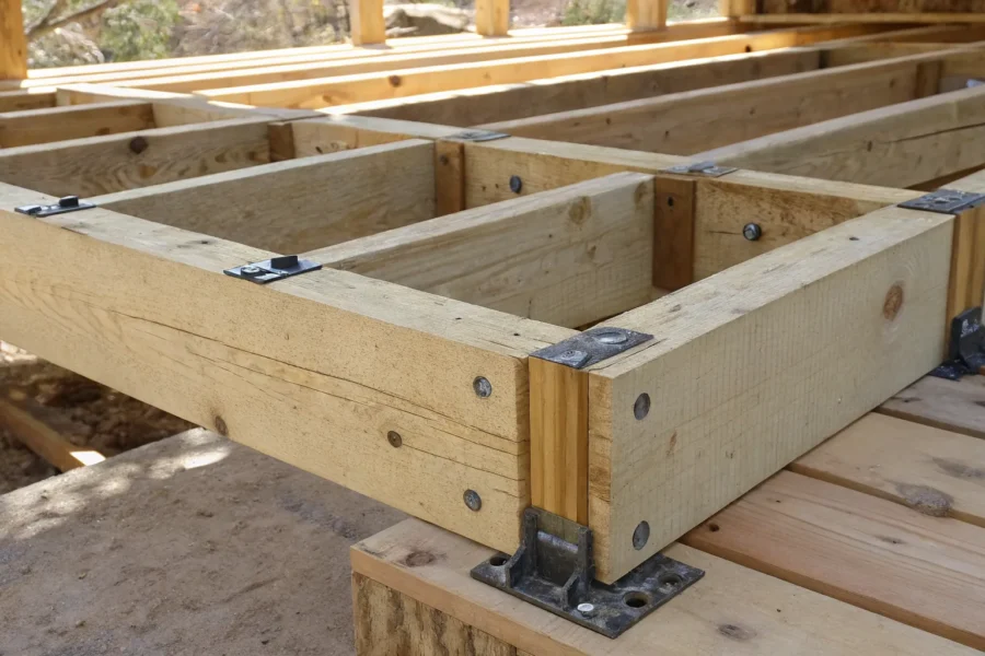 Band joist and rim joist connection with metal brackets.