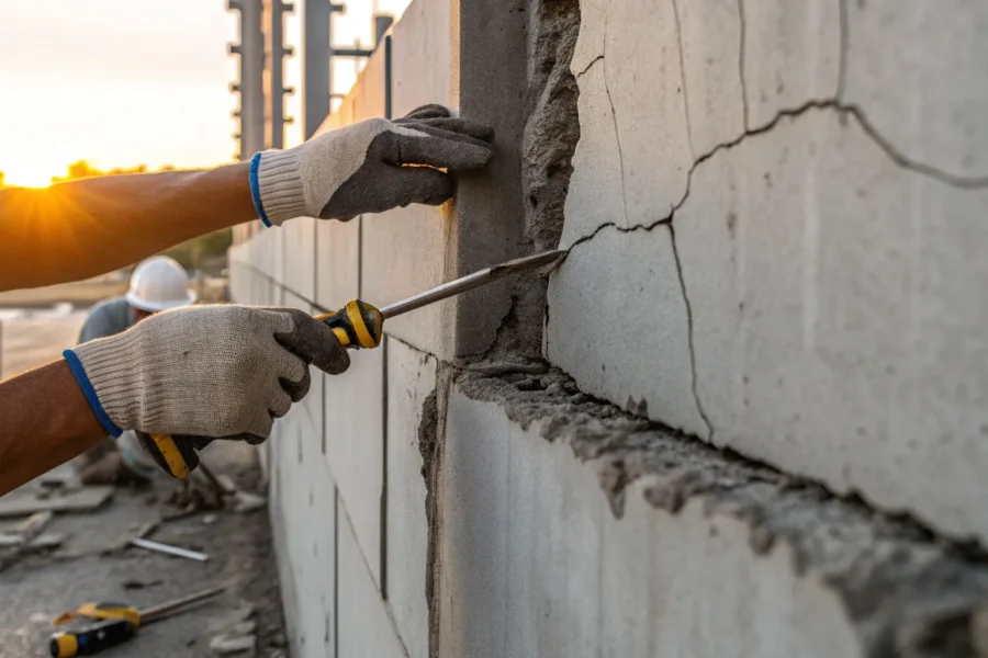 Concrete spall repair using hand tools.