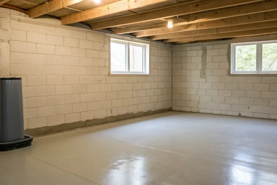 Clean crawl space with concrete floor and block walls, ready for waterproofing.