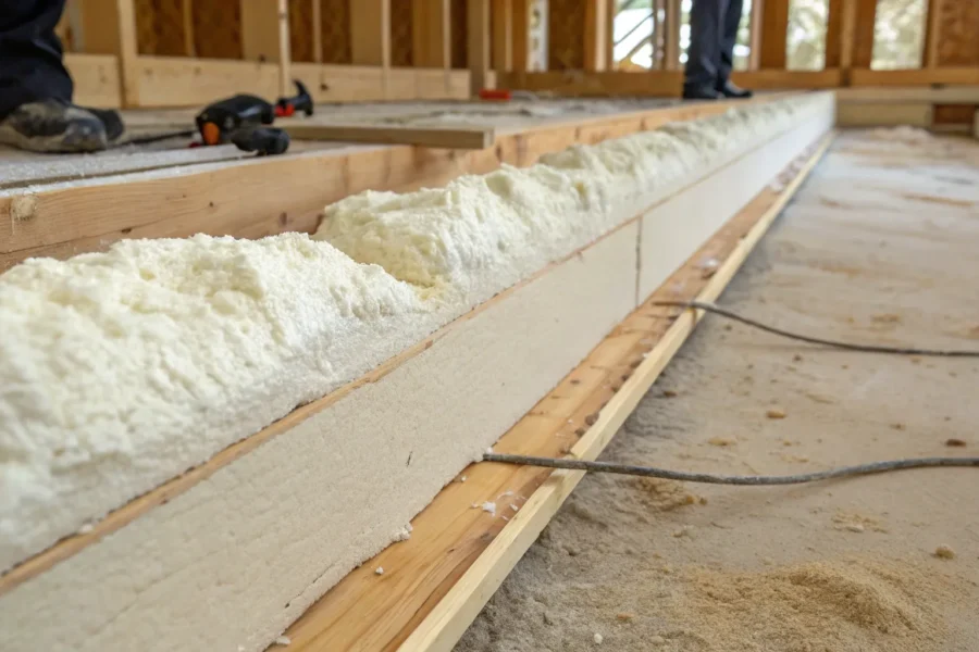 Insulating a rim joist with batt insulation.