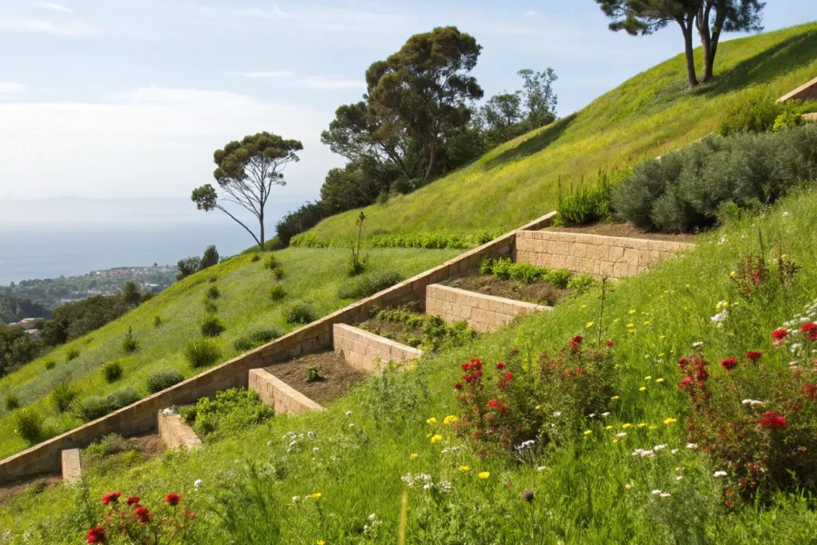Santa Barbara hillside home with retaining wall.