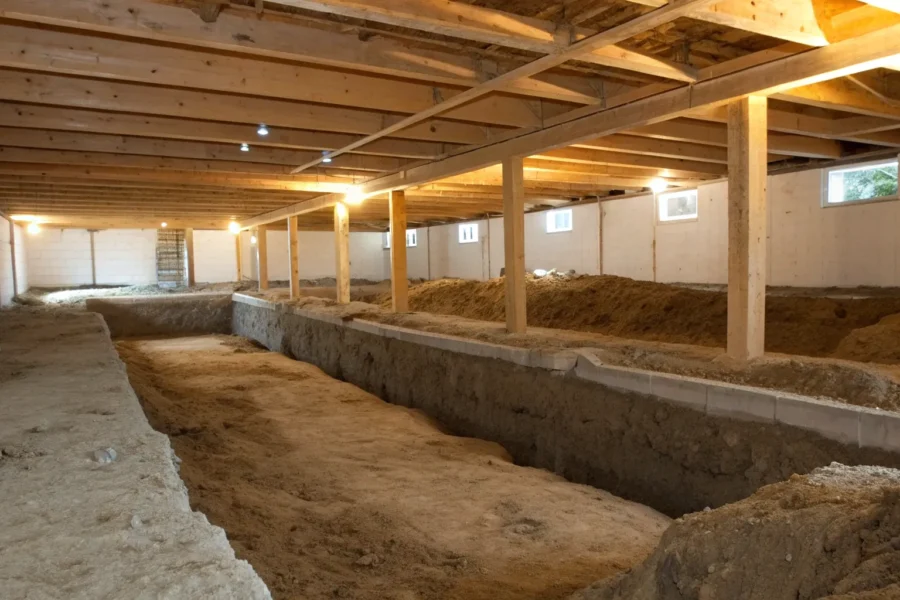 Crawl space foundation with wooden supports and exposed soil.