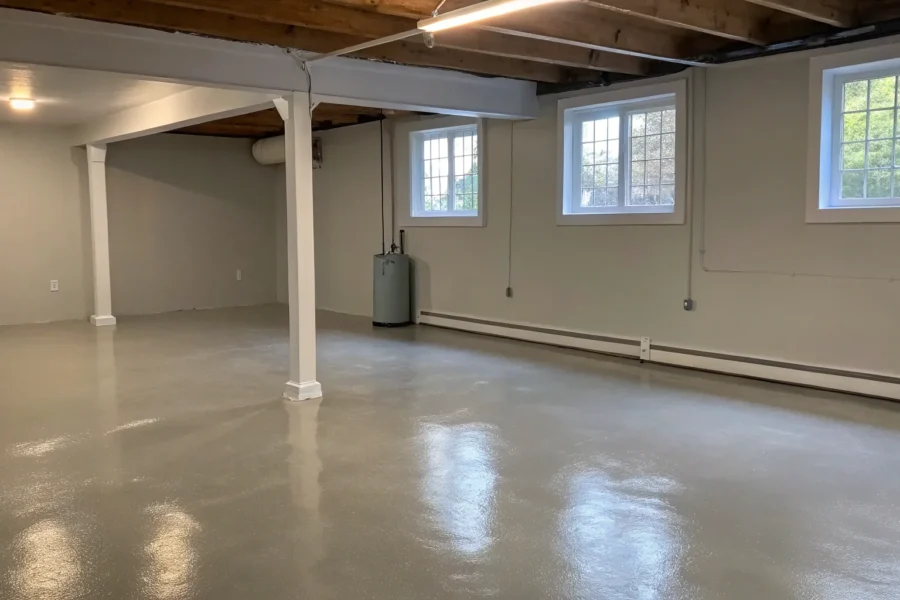 Dry, waterproofed basement with sealed floors and walls.