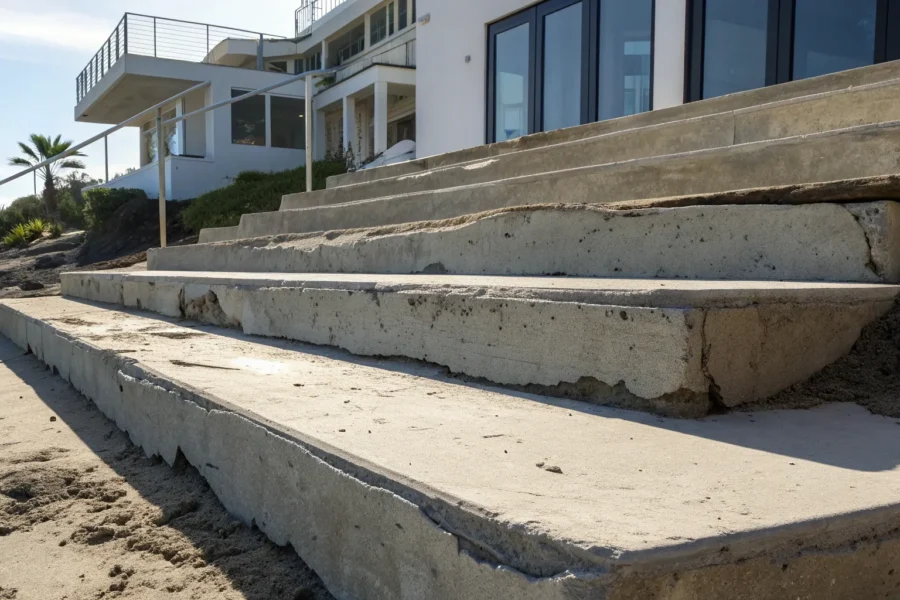 Redondo Beach concrete steps damaged by coastal weather.