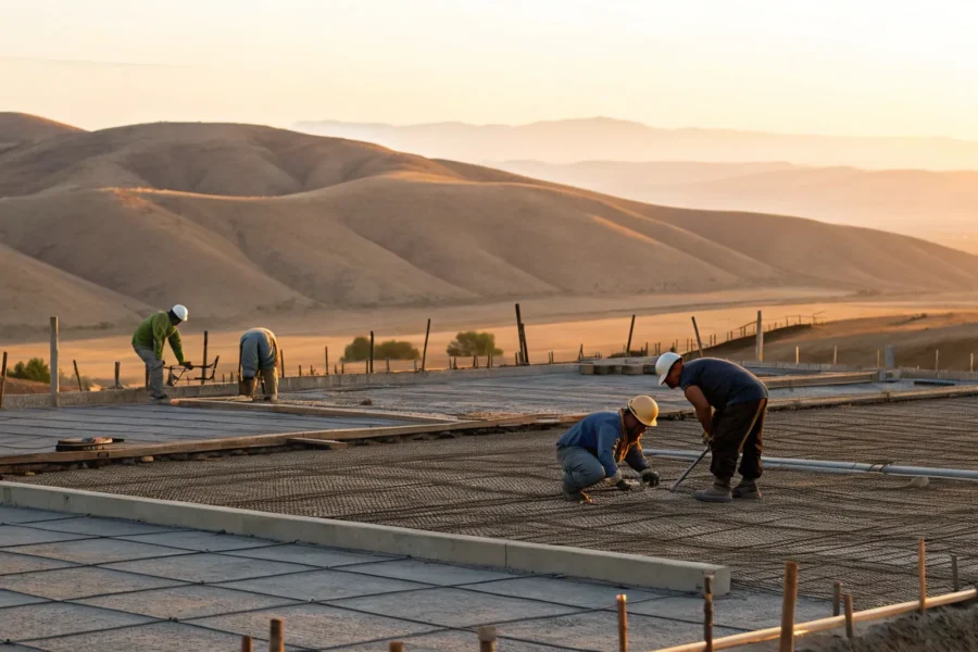 Concrete foundation with rebar reinforcement.