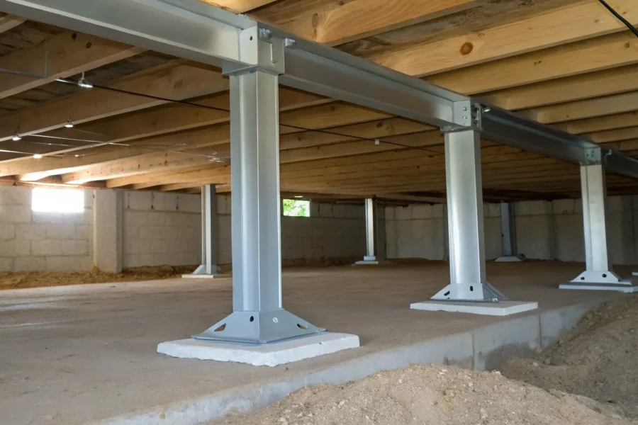 Adjustable crawl space jacks supporting floor joists.