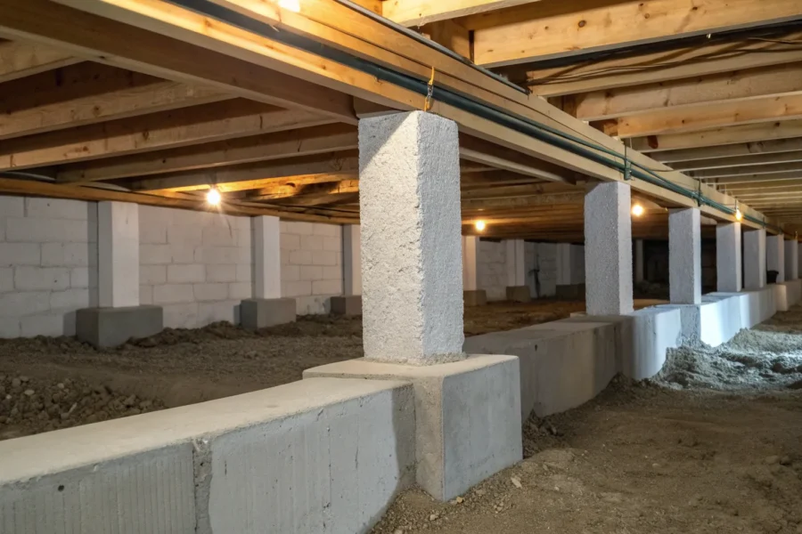Reinforced crawl space with concrete supports and wooden beams.