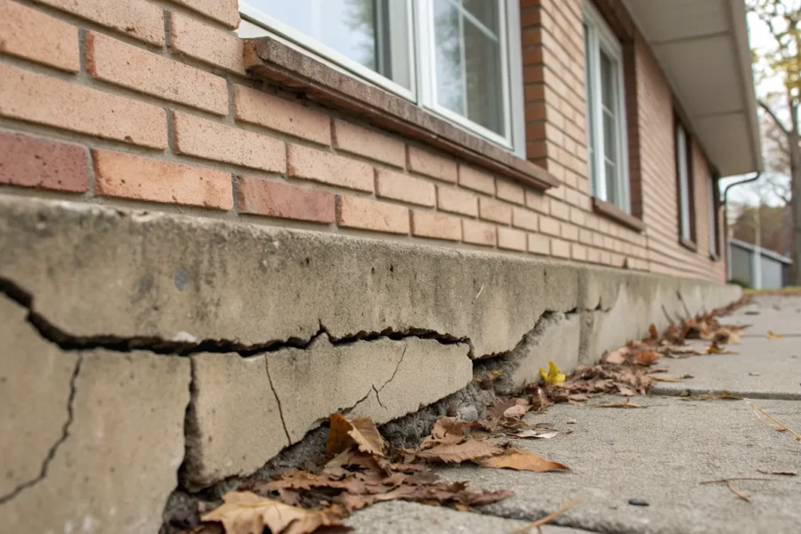 Cracked foundation beneath brick home.