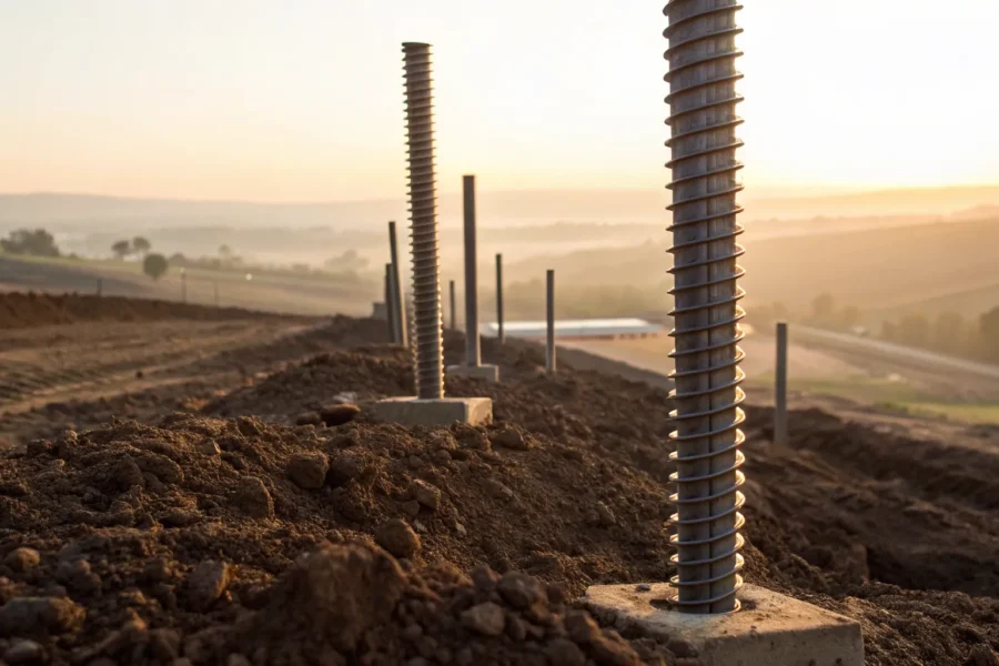 Helical piers installed at a construction site.