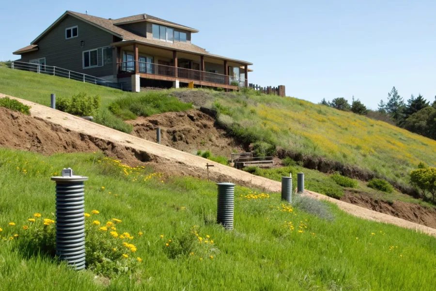 Helical piers stabilize a foundation.