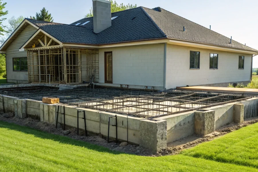 Damaged foundation with exposed rebar during house repair.
