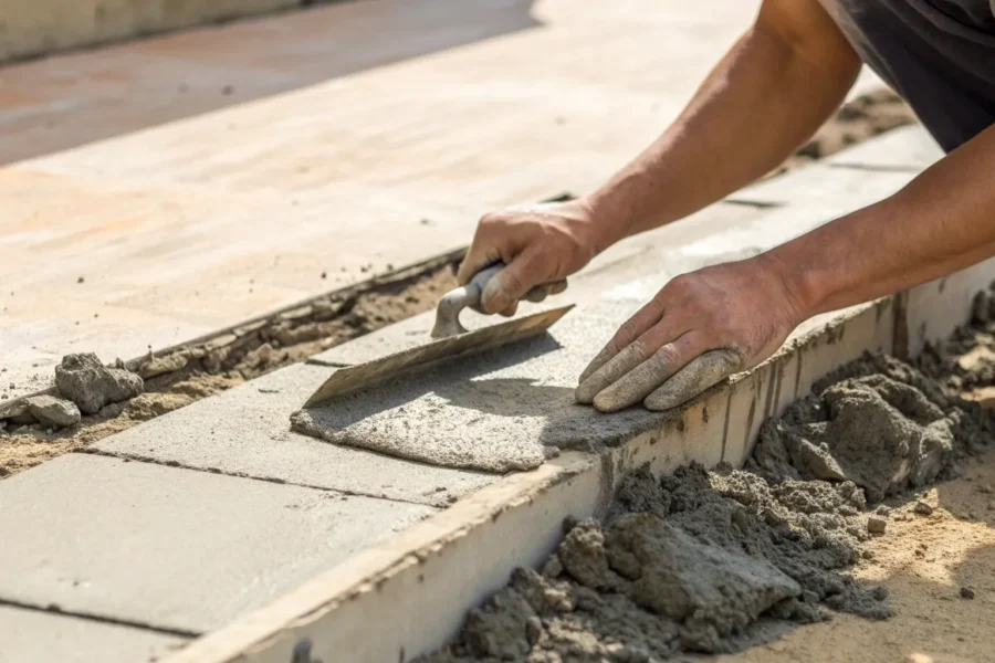 Trowel smoothing fresh cement on spalled concrete.