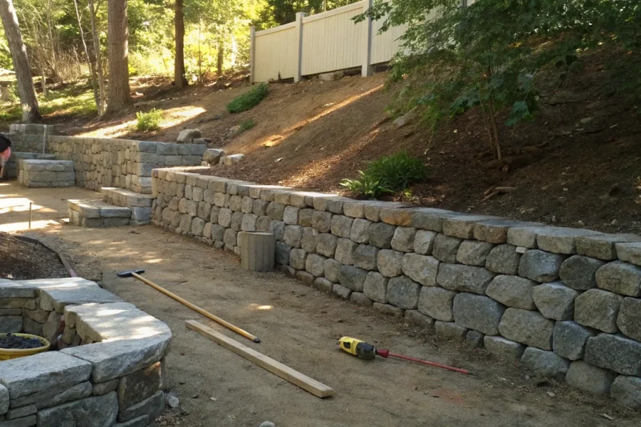Repairing a cracked retaining wall.