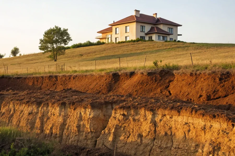 Foundation on unstable soil layers showing consolidation and settlement.