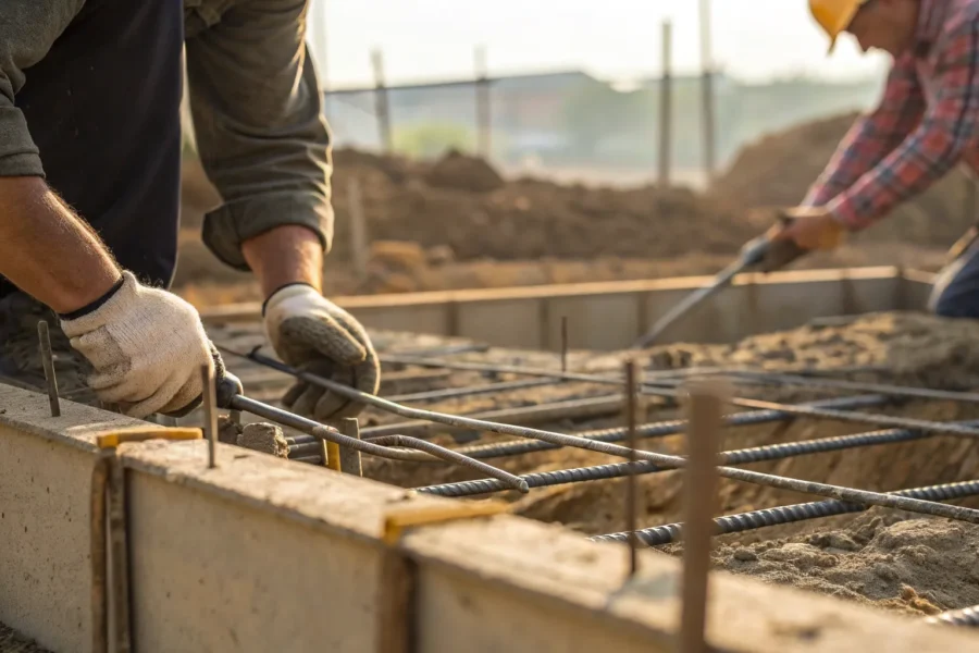 Steel rebar reinforces foundation for structural repair.