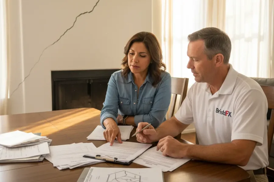 BristolFX foundation expert reviewing cracks and insurance paperwork with a homeowner inside a Southern California home