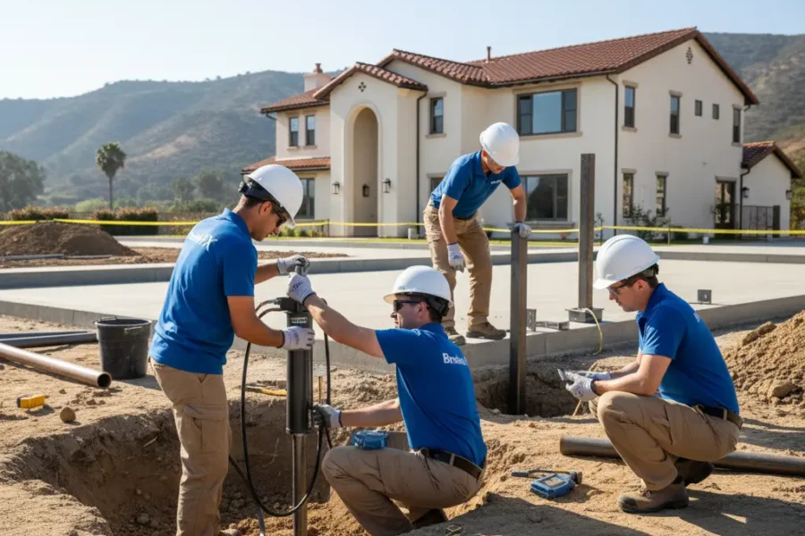 Certified foundation repair team installing push piers during structural stabilization project.