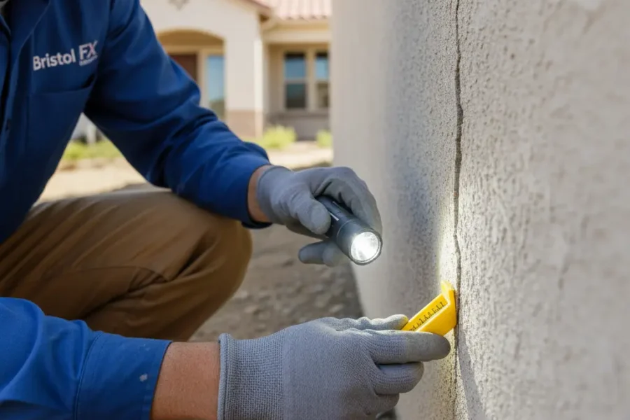 Close-up of a cracked foundation wall being inspected by a technician