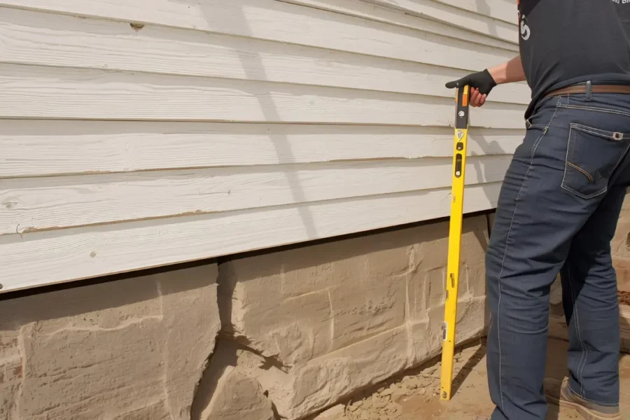 Contractor inspecting cracked home foundation for structural damage