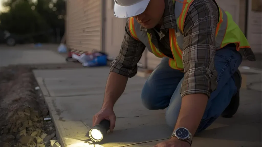 Contractor inspecting foundation cracks before ADU construction in Southern California