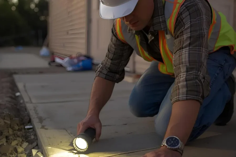 Contractor inspecting foundation cracks before ADU construction in Southern California