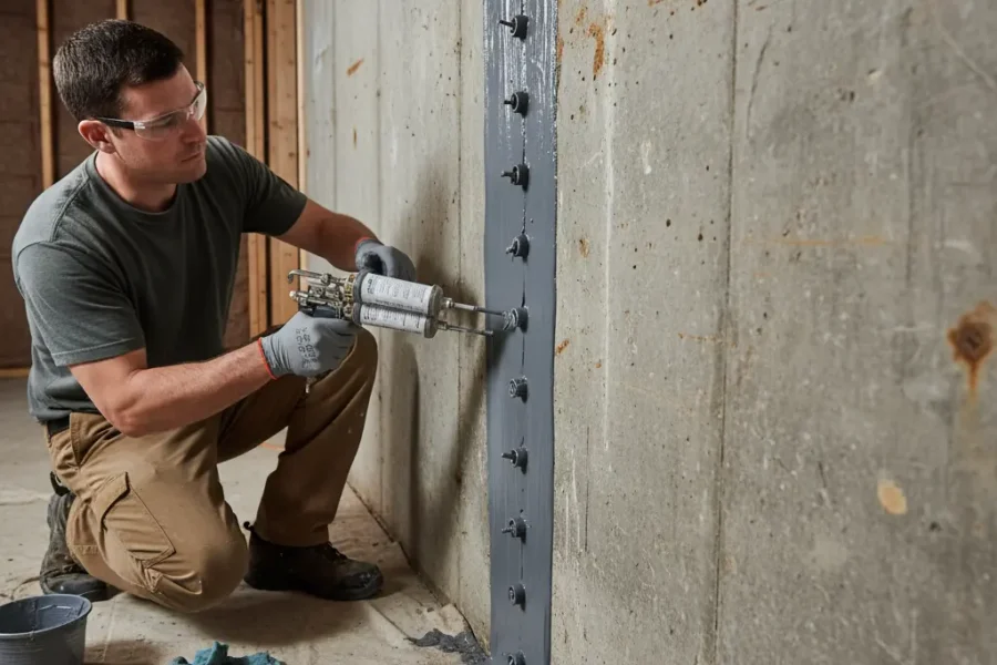 Professional crack injection and sealing repair on concrete foundation wall.