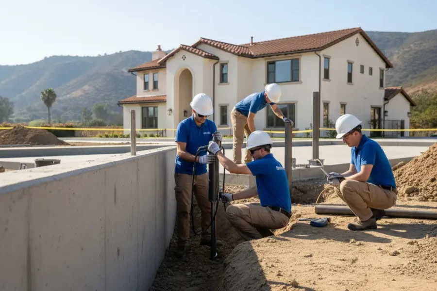 Technicians installing helical piers during residential foundation repair by Bristol FX.