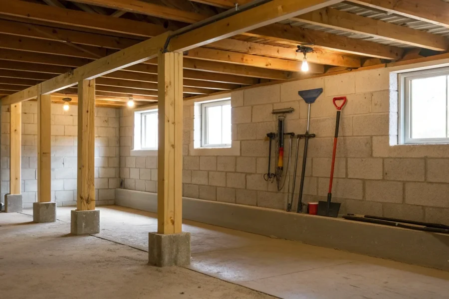 Crawl space support jacks installed to reinforce and level sagging floor beams.