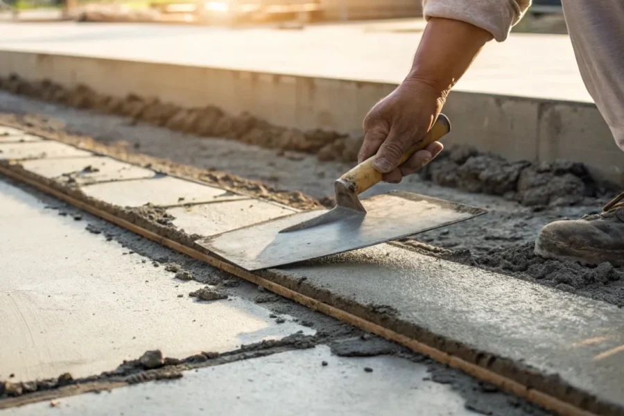 A worker uses a trowel to smooth wet concrete for a commercial concrete repair.