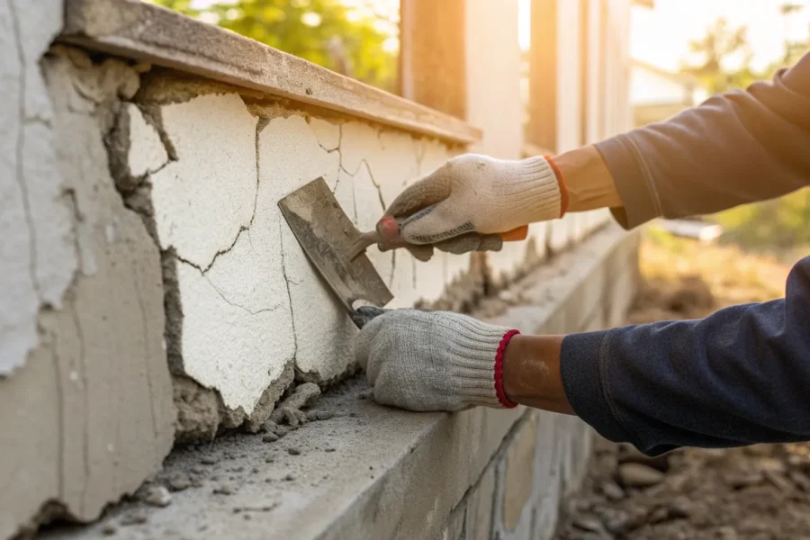 A professional performing a cracked foundation repair, a key factor in the total cost.