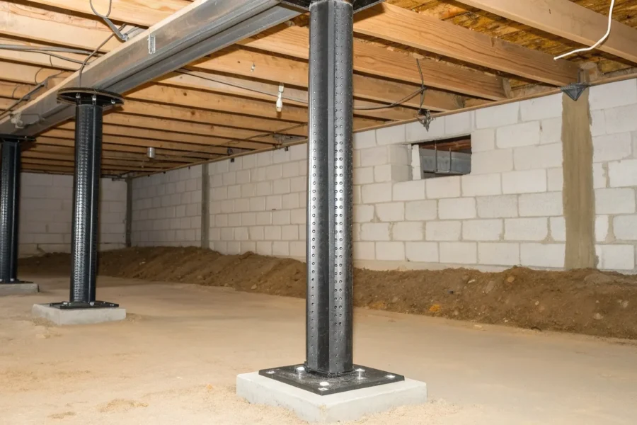 Crawl space support posts installed under floor joists for structural foundation support.