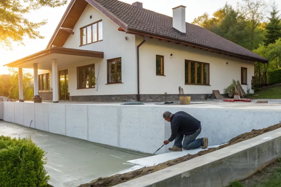 Worker applying an exterior waterproofing membrane to a house foundation.