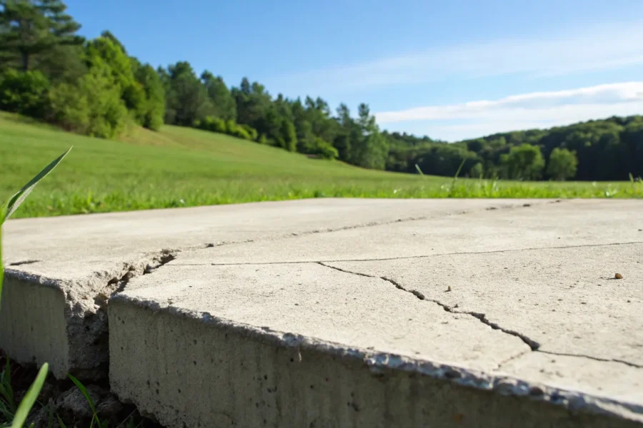 Cracked and uplifted concrete slab from foundation heave.