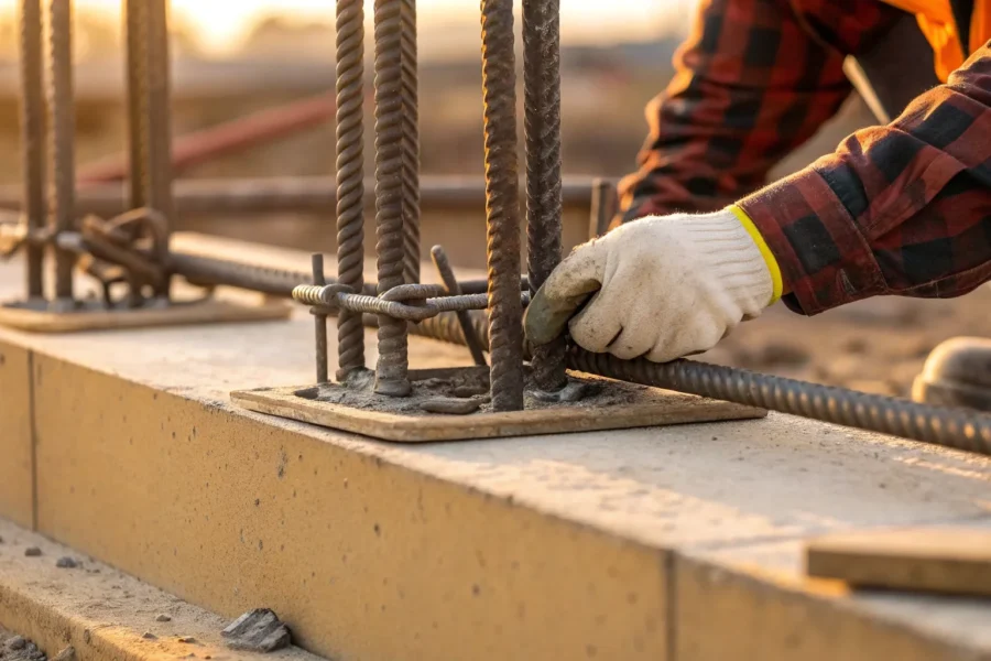 Foundation jacking with steel rebar reinforcement for structural support.
