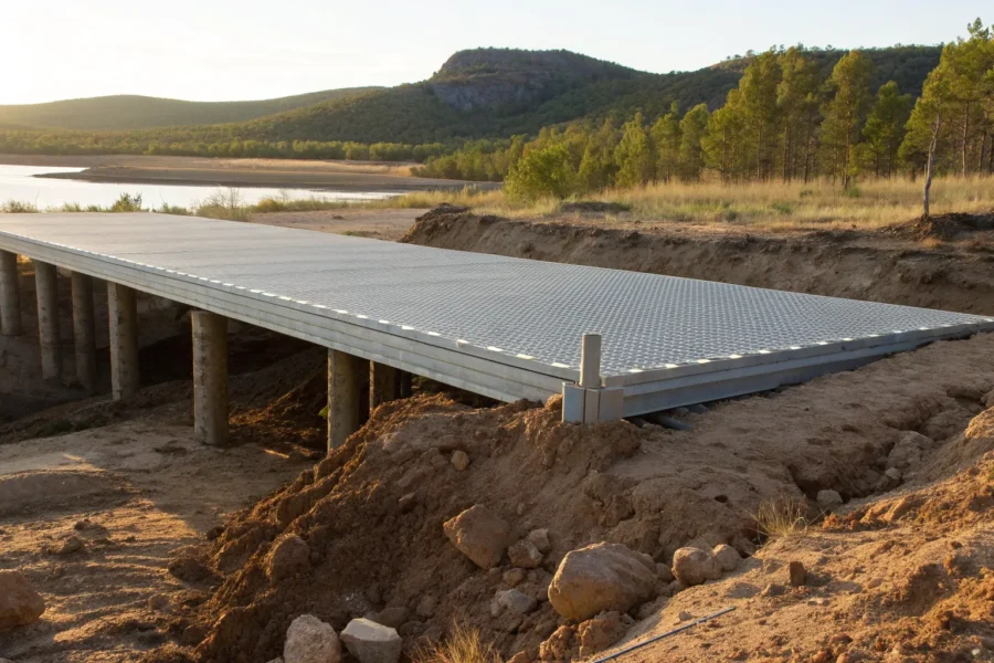 Helical piers installed to support a foundation.