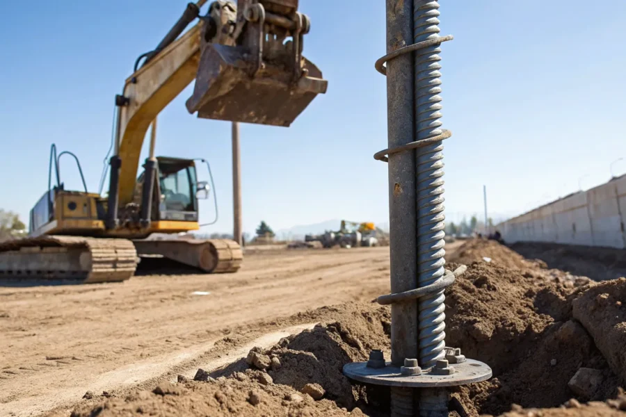 Helical pier installation using specialized equipment.