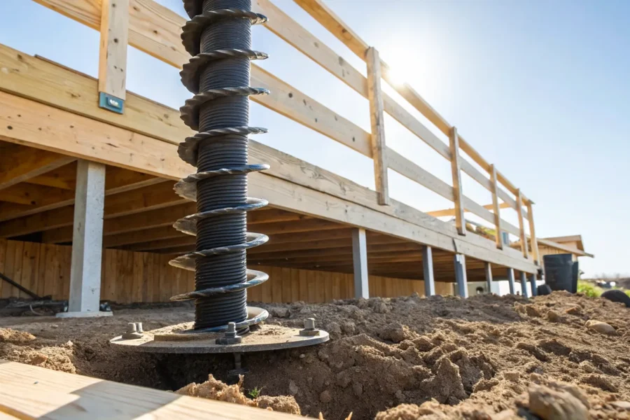 Helical pier installation for a deck.