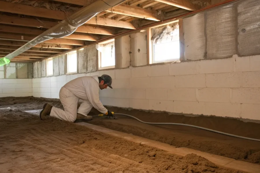A person insulating the foundation walls of a crawl space with a dirt floor.