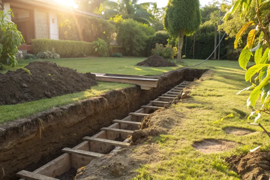 Pier footing trench prepared for concrete pour.