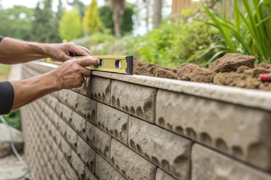 Contractor assessing a block retaining wall with a level to estimate repair cost.