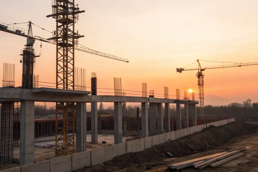 Cranes and concrete columns on a construction site for a deep foundation solution.