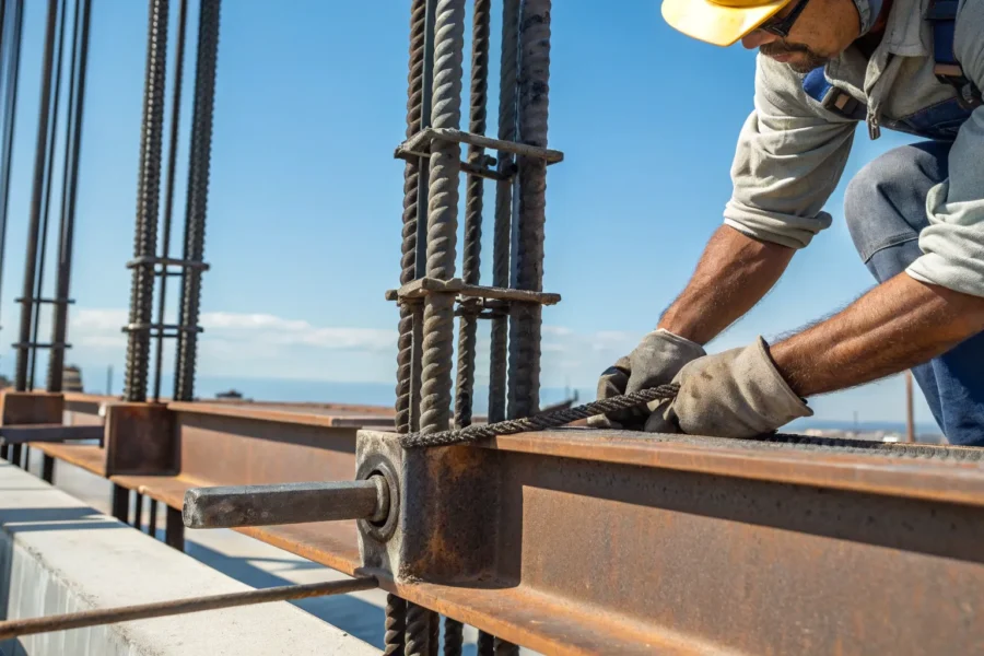 A professional performing a pier foundation repair by securing steel rebar.